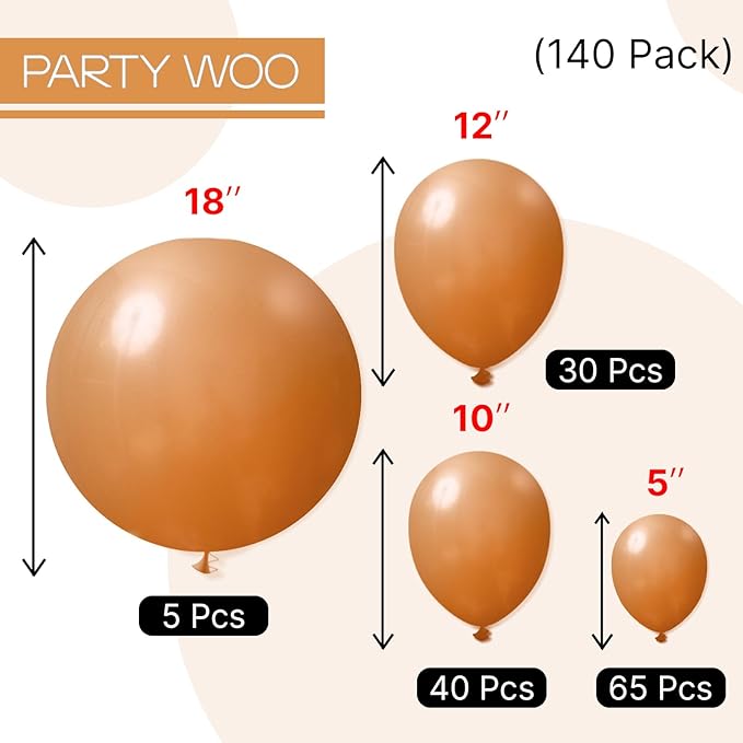 PartyWoo Tan Balloons 140 pcs Different Sizes of 18 12 10 5 Inch Boho Neutral Light Brown Coffee Fall Latex Balloon Arch Kit for Birthday Safari Boy Baby Shower Jungle Party Decorations Brown-F10