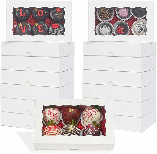 ROSPAKTEK 20pcs 7x4.3x2 Inch White Bakery Treat Boxes with Window - Christmas Valentine's Cookie, Chocolate Truffle, Strawberries & Cakesickle Gift Boxes