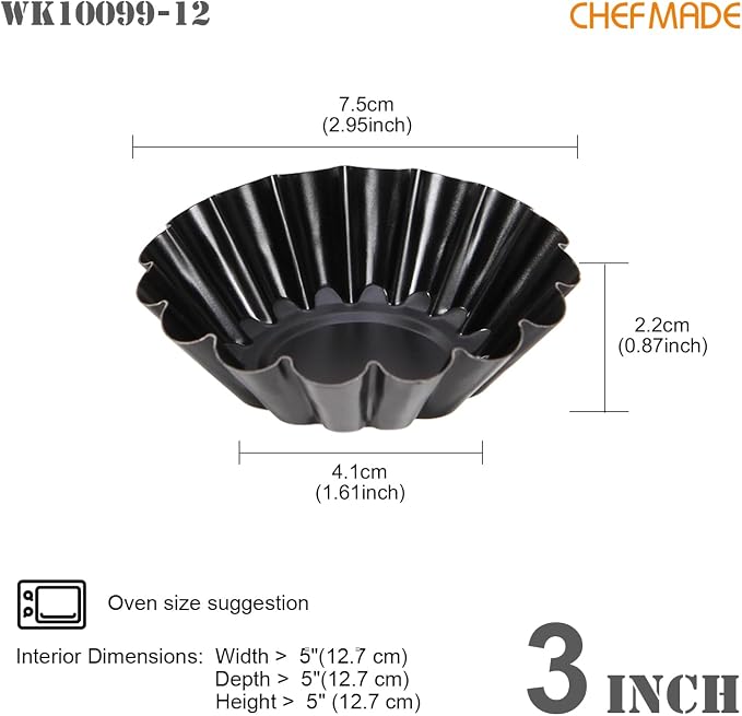 CHEFMADE Mini Egg Tart Pans, Non-Stick 3 Inch 12Pcs Tartlet Molds for Baking, Small Round Quiche Pans for Egg Tarts, Cupcakes, Pies (Black)