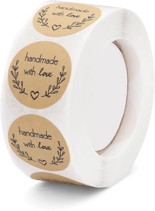 500 PCS Handmade Stickers for Packaging 1 Inch Baking Kraft Paper Stickers, Handmade with Love Stickers Tags for Birthday,Wedding,Party Gift Wrap Bag
