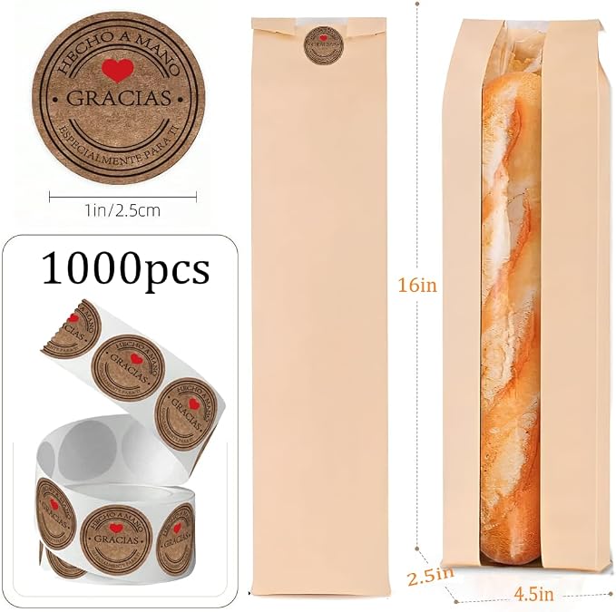 Bread Bags for Homemade Bread with 1000 Labels, 120-Pack 4.5 x 2.5 x 16 Inch Paper Bags for Bread with Clear Window, Bakery Gift Packaging for Baguette, Sourdough Storage
