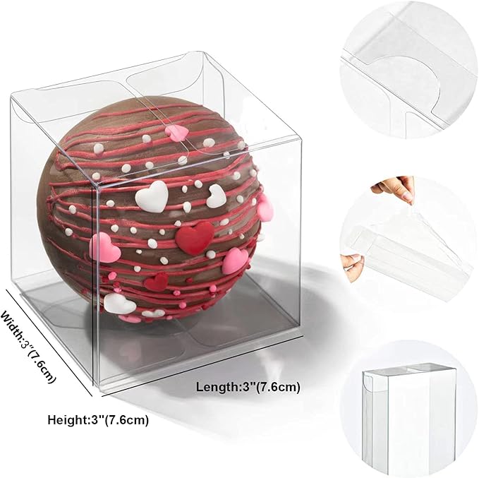RomanticBaking 50 Pack 3x3x3 Inch Clear Chocolate Bomb Boxes Small Gift Boxes for Cupcake,Candies, Birthday Wedding Party Favor Box