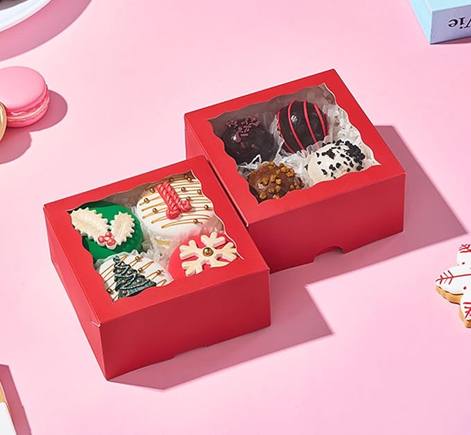 100-Pack 4x4x2 Inches Classic Red Bakery Boxes - Treat/Cookie/Truffle Boxes for Mini Cakes, Pies & Cinnamon Rolls - Wedding Party Favor Packaging