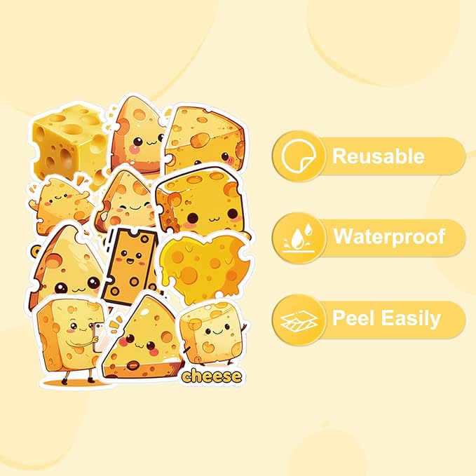 50 Pcs Cheese Stickers for Scrapbooking, Waterproof Vinyl Cute Kawaii Food Stickers for Laptops Water Bottles Journals, Fun Cheese Slice Decals for Kids Teens Adults