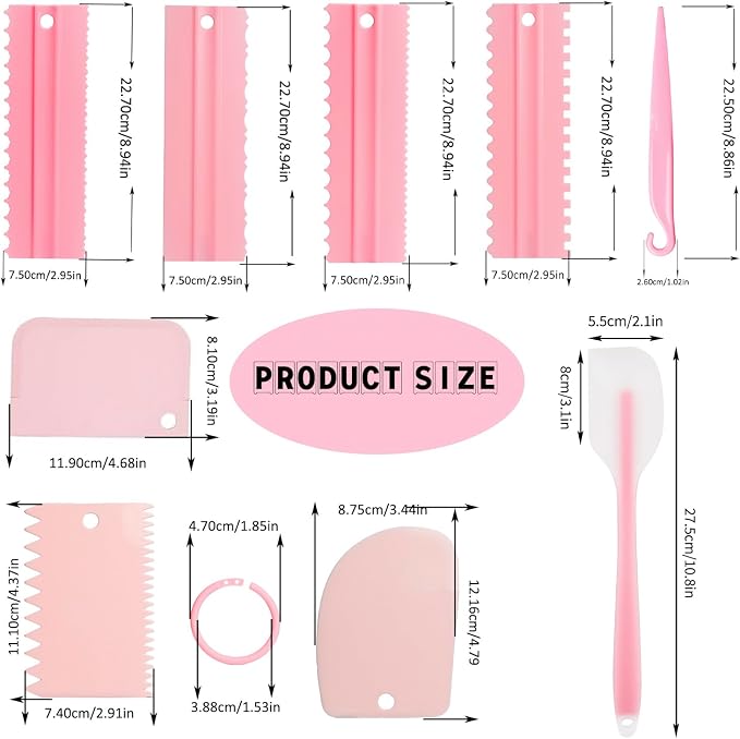 9PCS Cake Scraper Set with Cake Scraper Smoother Set, Cake Decorating Comb, Icing Smoother Plastic Sawtooth,Cake Icing Kitchen Baking Cake Edge(Pink)