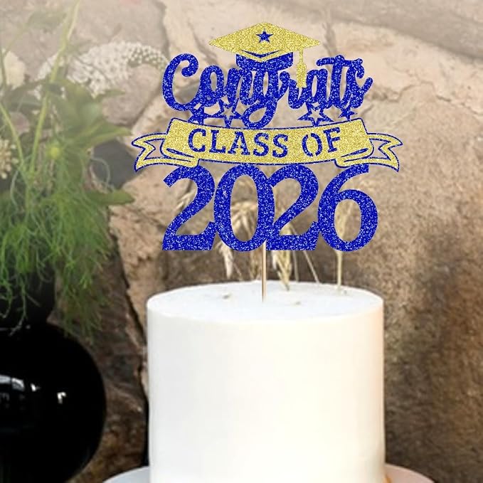 Glitter Class of 2026 Cake Topper，Congrats Grad Decorations， 2026 Happy Graduation High School/College/University Graduation Party Supplies Dark Blue and Gold