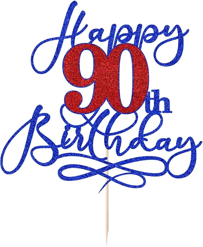 Happy 90th Birthday Cake Topper,Deep blue font red Numbers 90th Birthday Cake Decoration,Hello 90, Cheers to 90 Years/90th Anniversary,90& Fabulous Party Decoration