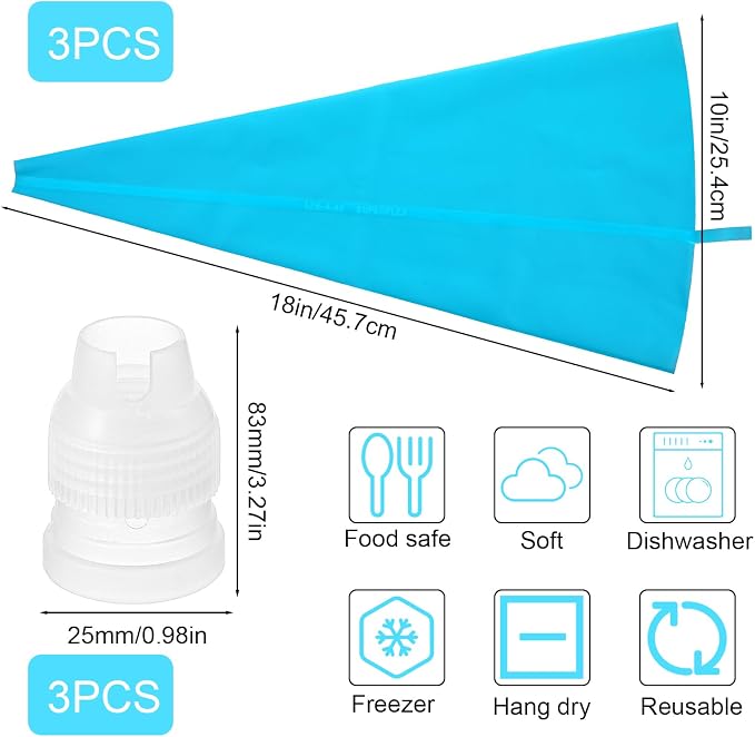 18 Inch Reusable Piping Bags 3-Pack Silicone Icing Bag Large Pastry Bags Set Cake Decorating Reusable, Baking Dessert Piping Bag with 3 Icing Couplers for Standard Tips, Blue