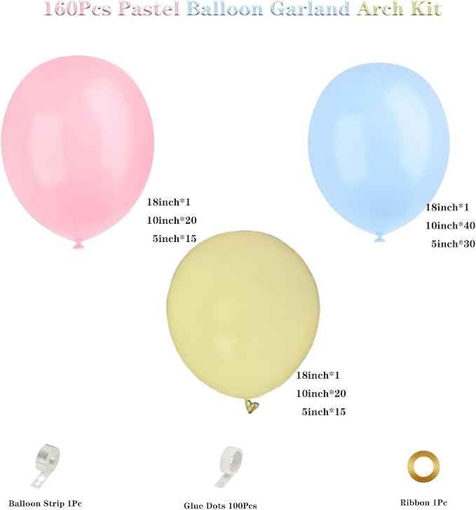 Pastel Balloon Garland Arch Kit, 143pcs Macaron Pink Yellow Blue Latex Balloons for Gender Reveal Baby Shower Wedding Birthday Party Decoration