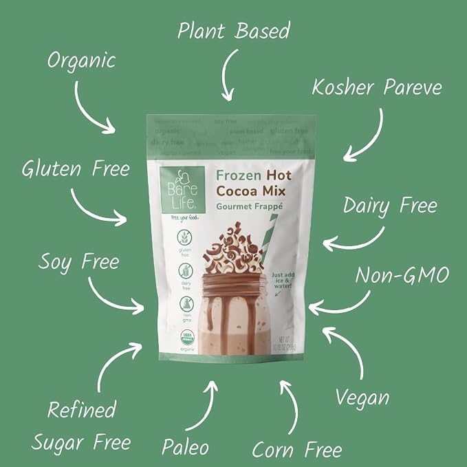 Bare Life Frozen Hot Cocoa Mix, Dairy Free Frozen Hot Chocolate, Vegan Chocolate Frappe Mix, Gluten Free, Just Blend with Ice, 10.16 oz Pouch