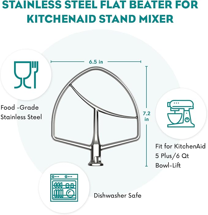 Stainless Steel Flat Beater for KitchenAid Mixer, Paddle Attachment for 5Plus/6 Qt Bowl-Lift Stand Mixer, Beater Replacement Accessories, Stainless Steel Kitchen aid Attachments by Fgreeble