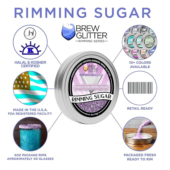 Brew Glitter - Purple Pearl Rimming Sugar (1LB, 1x Resealable Bag) Cocktail Garnish for Mixed Drinks & Refreshments