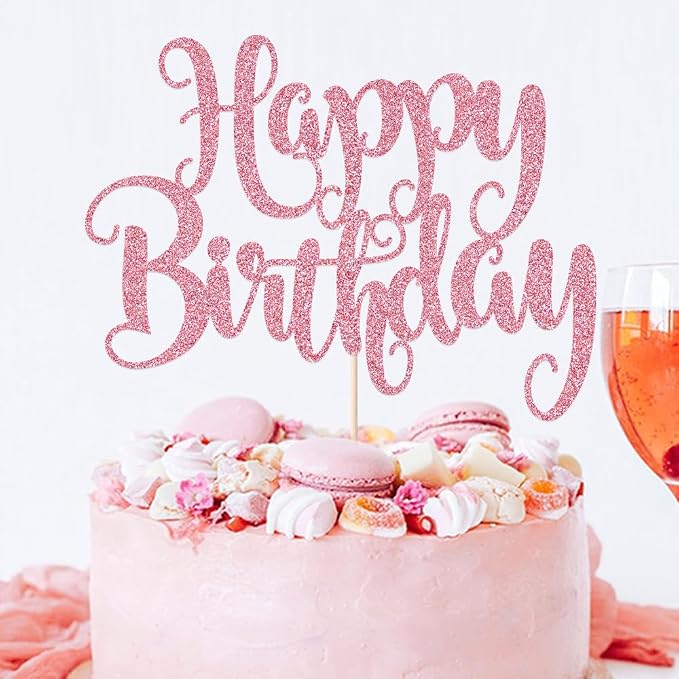 Happy Birthday Cake Topper- Glitter Happy Birthday Cake Decor, Handmade Anniversary/Birthday Party Supplies (pink)