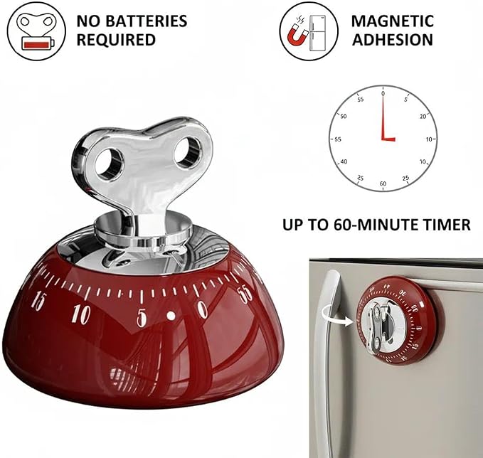 Retro Kitchen Timer Magnetic Mechanical 60 Minute Wind Up Timer No Batteries, Loud Alarm Timer for Cooking, Baking, Classroom, ABS Portable Kitchen Timer, Magnetic Mechanical Timing（Red ）