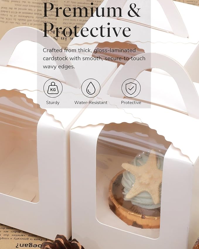 Bakepacker Auto-pop up Individual Cupcake Boxes with Window 200 Count White 3.6"X3.6"X4.3", for Cake, Treat Cookie Dessert, Pastry, Birthday Party, Weddings