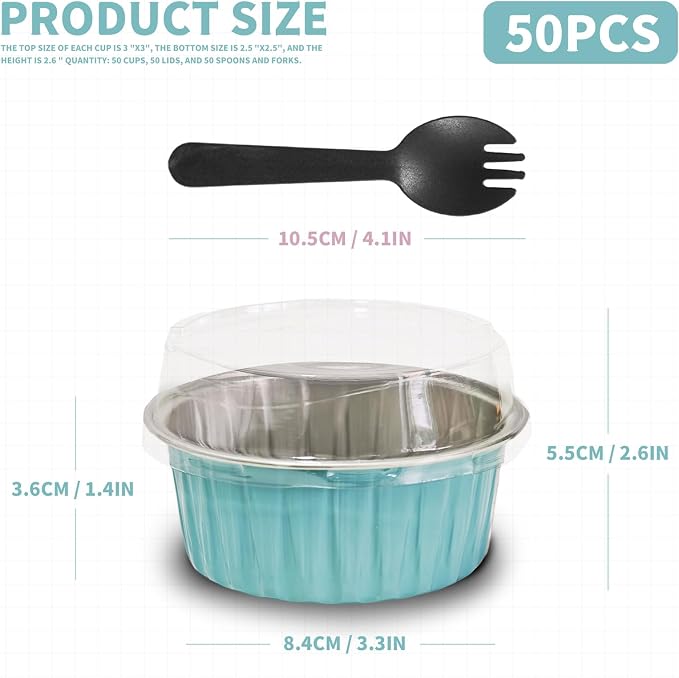 50Pcs Mini Aluminum Foil Cupcake,5oz Baking Cups with Lids,Mini Cake Pans Disposable,Loaf Pans with Lids,Disposable Ramekins,Tin Cups Containers for Cupcake,Pudding,Muffin,Cheesecake (Light Blue)