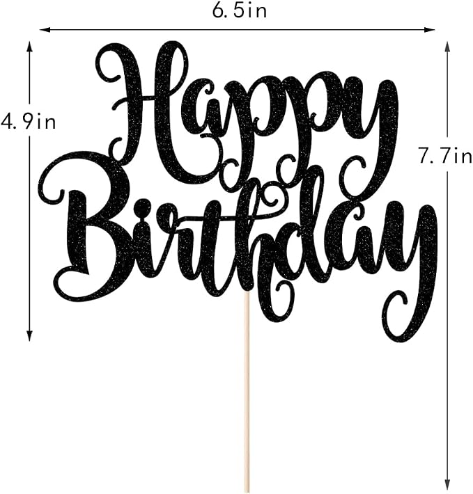 Happy Birthday Cake Topper- Glitter Happy Birthday Cake Decor, Handmade Anniversary/Birthday Party Supplies (Black)