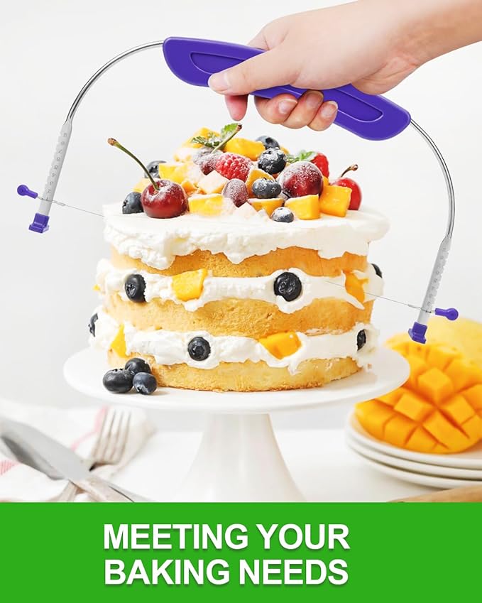 1 PACK Cake Leveler & Slicer, Adjustable Cake Cutter Slicer Leveler, Wire Cutter for Cakes Wedding Birthday Fit for 10 Inch Cakes for Even Slices, Stainless Steel Wires & Purple Handle