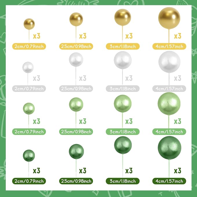 48 Pcs Balls Cake Topper Decorations Balloon Cupcake Toppers Foam Cake Topper Balls Cake Balls Decorations for Birthday Party Cake Decorating (Green, White, Gold)