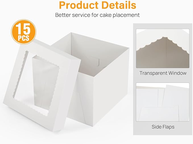 Kootek 15pcs Cake Boxes, 12x12x8 Inches Tall Cake Box with Window, White Bakery Boxes, Large Baking Boxes, Square Cardboard Cake Box for Multi-Layer Cakes, Cake Decorating Supplies for Gift Giving