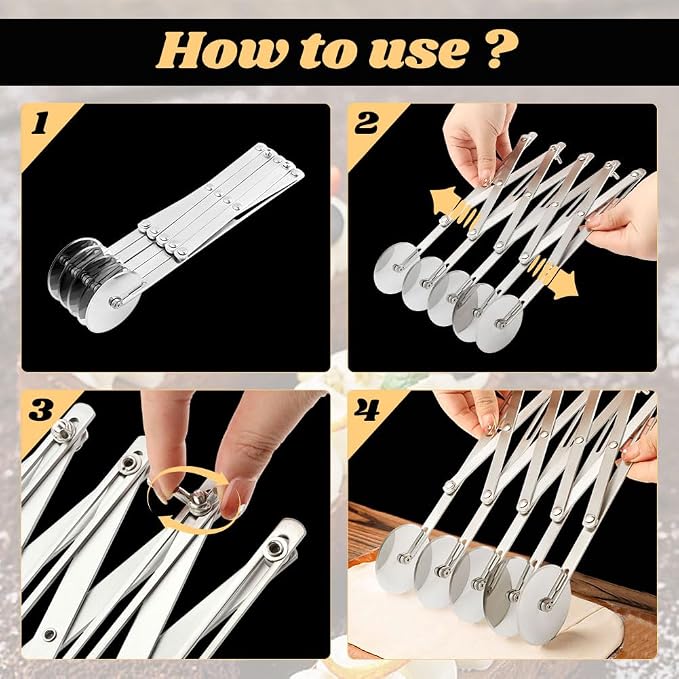 5 Wheel Pastry Cutter, Stainless Pizza Slicer, with1 Pc Double Wheel Cutter, Expandable Dough, Multi-Round Pastry Knife Baking Roller Cookie Dough Divider