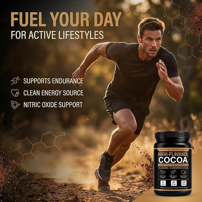 High Flavanol Cocoa Powder - 1200mg Flavanols & Flavonoids, High Flavanol Cacao with 600mg Epicatechin, 10X Concentrated Cocoa Extract for Baking, Cooking & Beverages, 200g