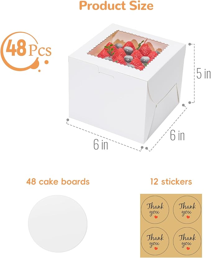 Mini Cake Boxes 6 Inch with Window, 48 Set Bakery Boxes with Cake Boards & Stickers, Cupcake Box for Birthday, Party, Wedding, Mother's Day, Valentine's Day, Christmas（6x6x5 inch）