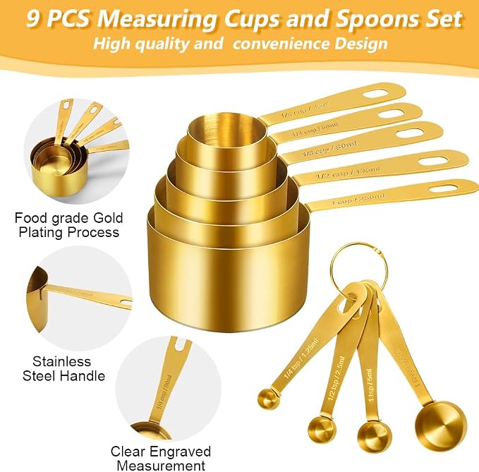 Gold Measuring Cups and Spoons, Set of 9, Including 4 Measuring Spoons, 5 Measuring Cups, Stainless Steel Kitchen Gadgets for Liquid & Dry Ingredients