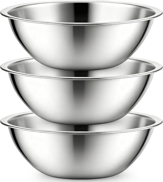 3 Pack Stainless Steel Mixing Bowls, 6 Quart Flat Base Stainless Steel Serving Bowls, 12.6 Inch Mirror Polish Large Metal Bowl Set for Kitchen Cooking, Baking, Prepping