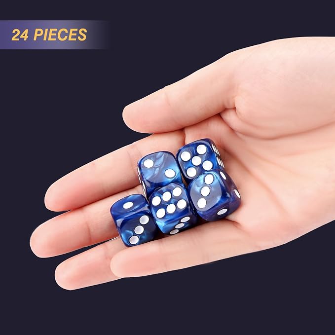 24 of Pack 16MM 6 Sided Dice Set,Pearl Pattern D6 Game Dice Set, 6 Sided Standard Dices for Yahtzee, Bunco or Teaching Math,with Portable Dice Pouch(Blue Pearl)