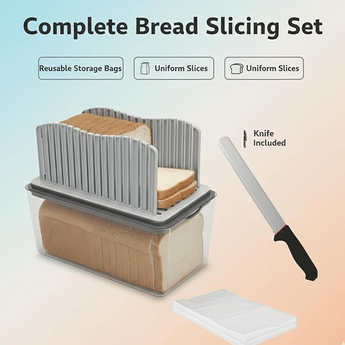 Bread Slicer with Knife, Adjustable Slicer & Loaf Cutter for Homemade Bread with Crumb Tray, Storage Box & Plastic Bags for Easy Slicing.
