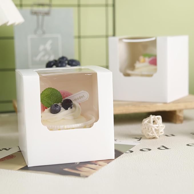NPLUX 25 Pcs Cupcake Boxes Individual Cupcake Containers Pre-Assembled Single Cupcake Boxes 3.5"x3.5"x3.5" with 25 Pcs Inserts for Cupcakes Muffins Party Favors(White)