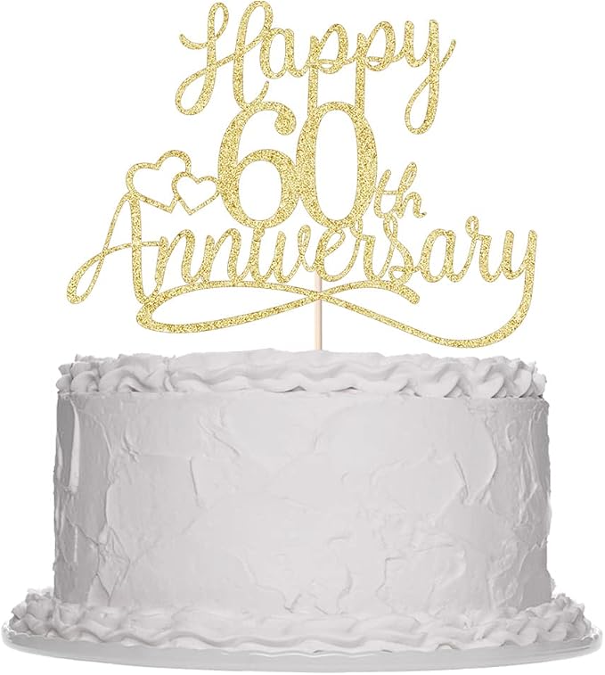 Sleyberoy Gold Glitter Happy 60th Anniversary Cake Toppers -Wedding Anniversary Party Decorations, 60th Wedding Anniversary, Company Anniversary Party, Birthday Party Decorations (60 Gold)