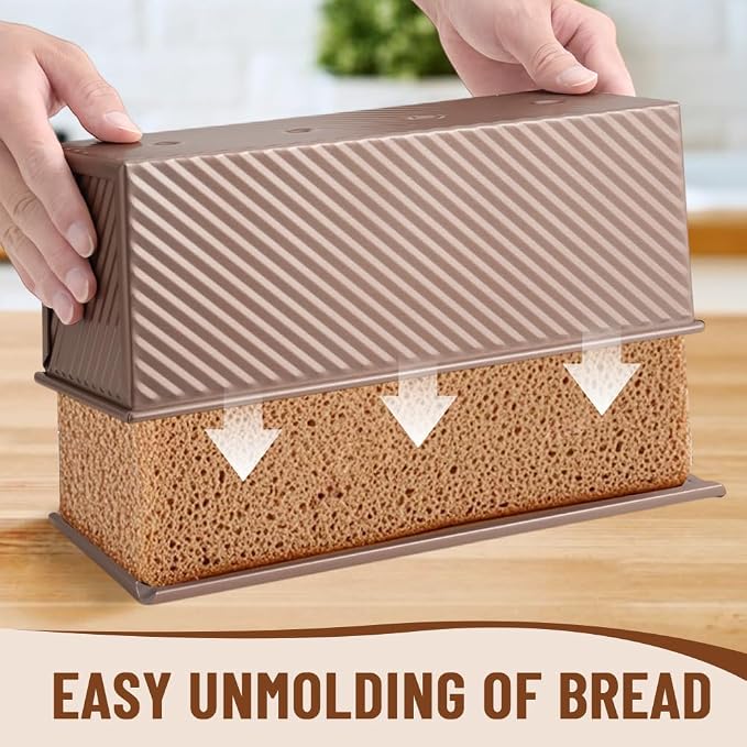 Large Pullman Loaf Pan with Lid, 13 x 4 Inch 2 lbs Non-Stick Rectangle Bread Pan with Lid and Dough Scraper Cutter, Reusable Sourdough Loaf Pan for Homemade Bread & Toast, Rose Gold