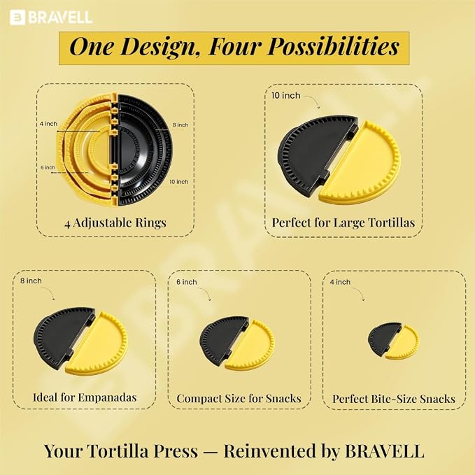 4-in-1 Tortilla Sealer (10+8+6+4 Inch) Crimper & Empanada Maker Press - Make Tortillas, Dumplings & More with Easy-Clean Food-Grade Plastic Tool with User Manual in Yellow/Black