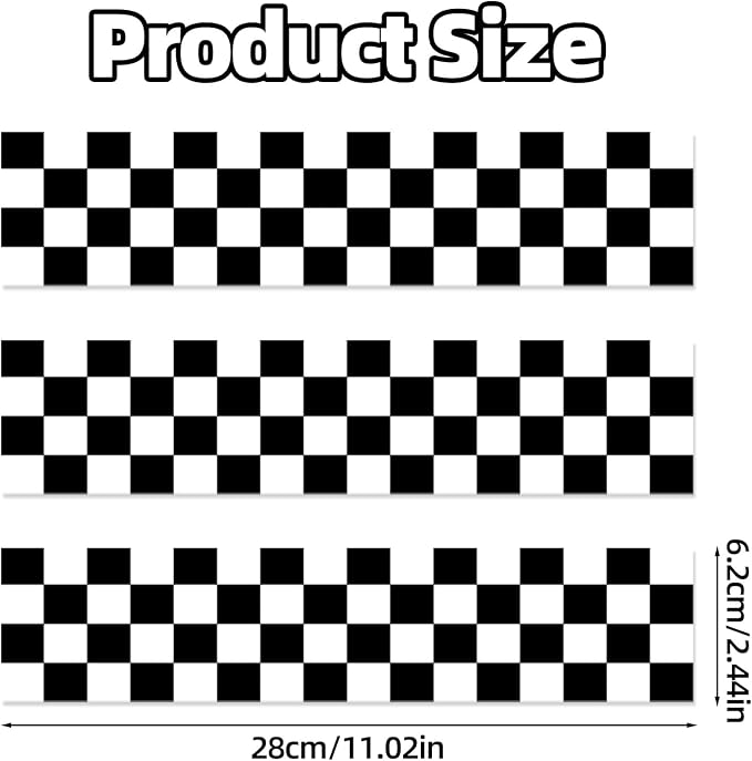 3pcs Edible Checkered Cake Border, 28x6.2cm/11x2.44in Black & White Flag Print Racing Pre-Cut Race Car Image Wrap Rice Paper Sheet for Birthday Decor Side Strip Topper Party Decoration