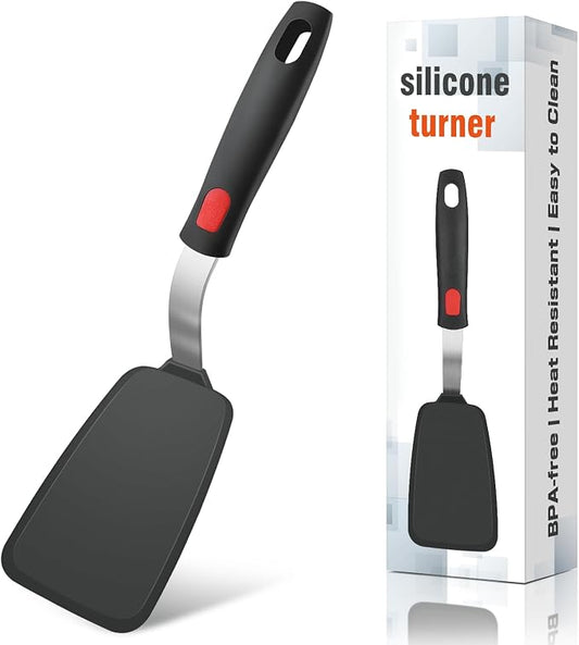 Flexible Silicone Spatula Turner, Heat Resistant Silicone Turner for Non-Stick Cookware, BPA-Free Food Grade Kitchen Spatula Utensils, Ideal for Flipping Eggs, Burgers, Pancakes, 11.8 x 2.4 in, Black