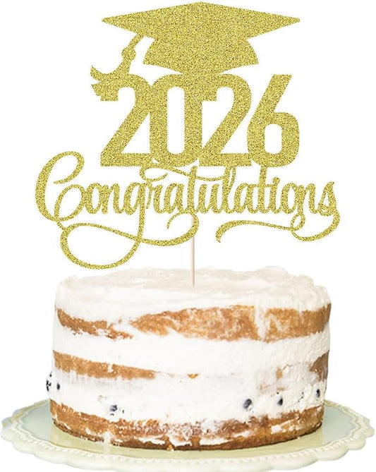 Gold Glitter 2026 Congratulations Graduation Cake Topper,Congrats Grad Cake Decor - 2026 High School/College/Senior Graduation Party Decorations Supplies (2026Congratulations gold)