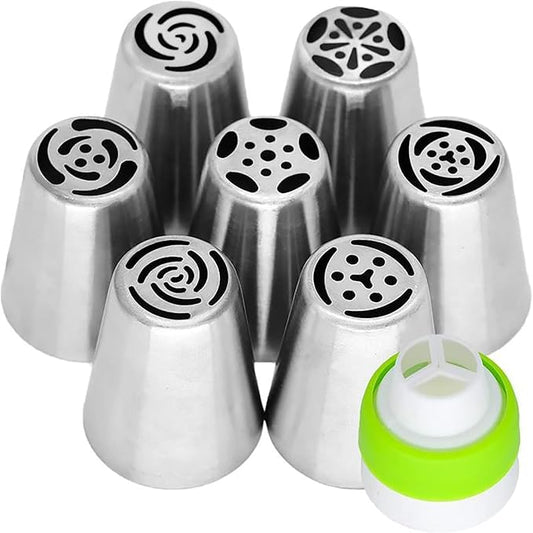 Stainless Steel Russian Piping Tips Set, Extra Large Flower Icing Nozzles, Cupcake Frosting Supplies with Leaf Tips, Couplers, Disposable Pastry Bags, Reusable Piping Bag (Silver,8 PCS)
