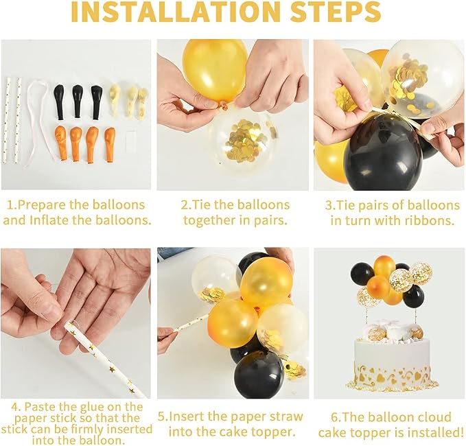 BEISHIDA Happy Birthday Cupcake Toppers - Black Gold Mini Balloon Cloud Birthday Cake Decorations for Boys Men Anniversary Party Decorations