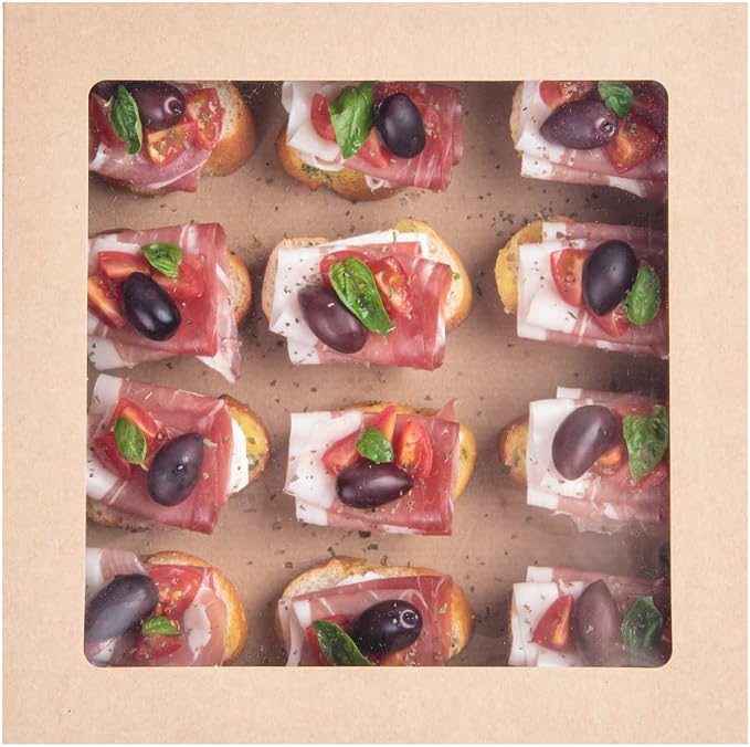Restaurantware Cater Tek 9 x 9 x 2.4 Inch Catering Boxes 100 Insert Tab Lock Baked Goods Boxes - Window Lids Easy Assembly Kraft Paper Window Pastry Boxes For Charcuterie Or Cupcakes