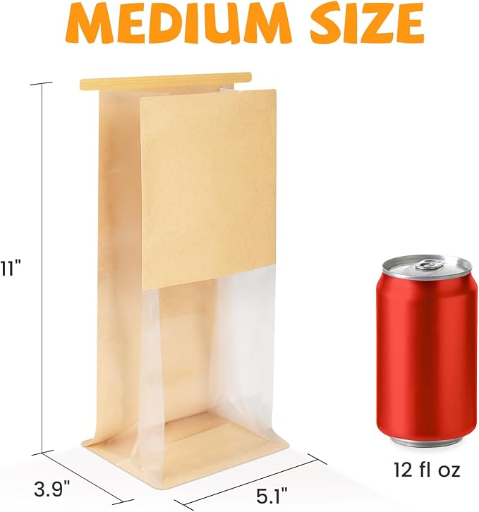 50 Pack Bakery Bags with Window, 5.1x3.9x11 Inches Tin Tie Tab Lock Resealable Cookie Bags for Packaging Bagels, Bread Loaf, Pastry, Baked Goods | Thick Material