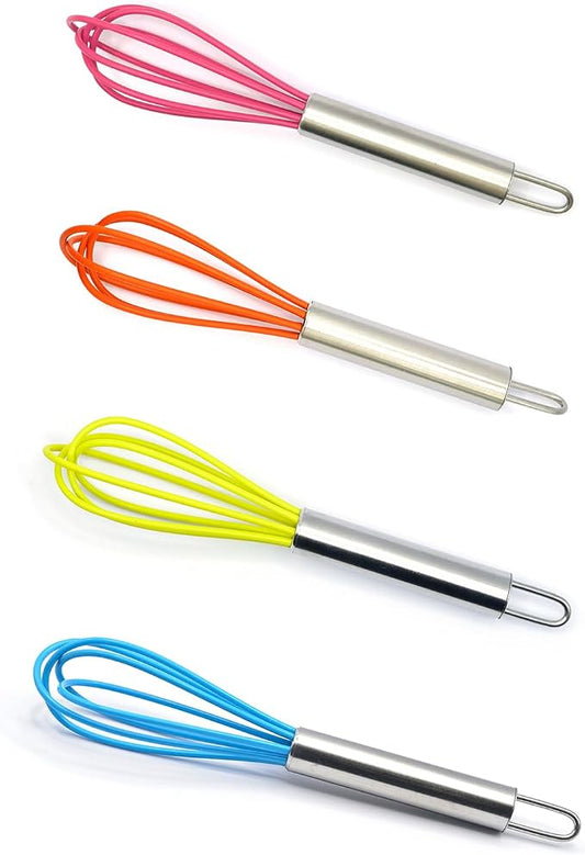 Mini Whisks 6 inch 4Pcs silica gel stainless steel Whisk, Hand Egg Mixer for Flour Cake Egg, Kitchen Cooking Baking Use Whisk （red，yellow，orange，blue）