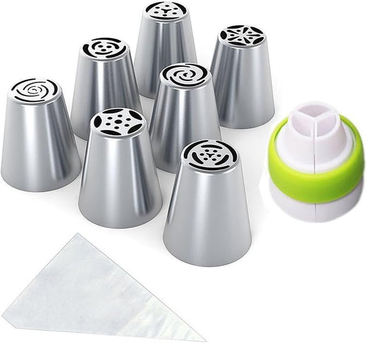 Stainless Steel Russian Piping Tips Set, Extra Large Flower Icing Nozzles, Cupcake Frosting Supplies with Leaf Tips, Couplers, Disposable Pastry Bags, Reusable Piping Bag (Silver,18 PCS)