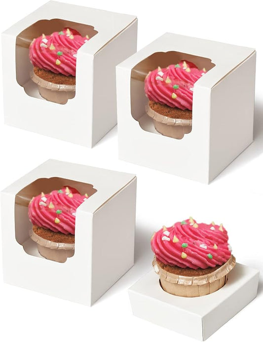 Happyhiram Cupcake Boxes 100 Pcs Bulk White Individual Cupcake Box, Single Cupcake Containers Cardboard Holders with Inserts and Window for Cocoa Bombs Packaging Togo Boxes for Birthdays Showers