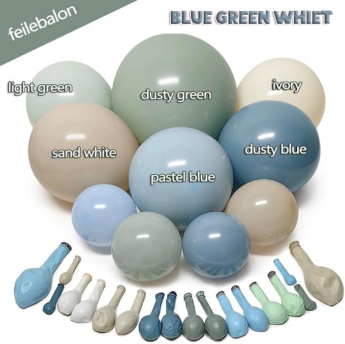 Dusty Blue Green Balloon Arch Kit Double Stuffed Pastel Light Sage Green Blue White Sand Beige Balloon Garland for Birthday Baby Shower One Silly Goose Dinosaur Wedding Ocean Party Decoration