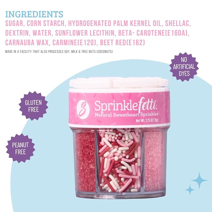 Sweets Indeed Valentines Dye Free Sprinkles | Red & Pink Sanding Sugar with Red White Pink Jimmies Mix | Baking & Decorating | No Artificial Dyes | 6-Cell Jar 2.75 oz