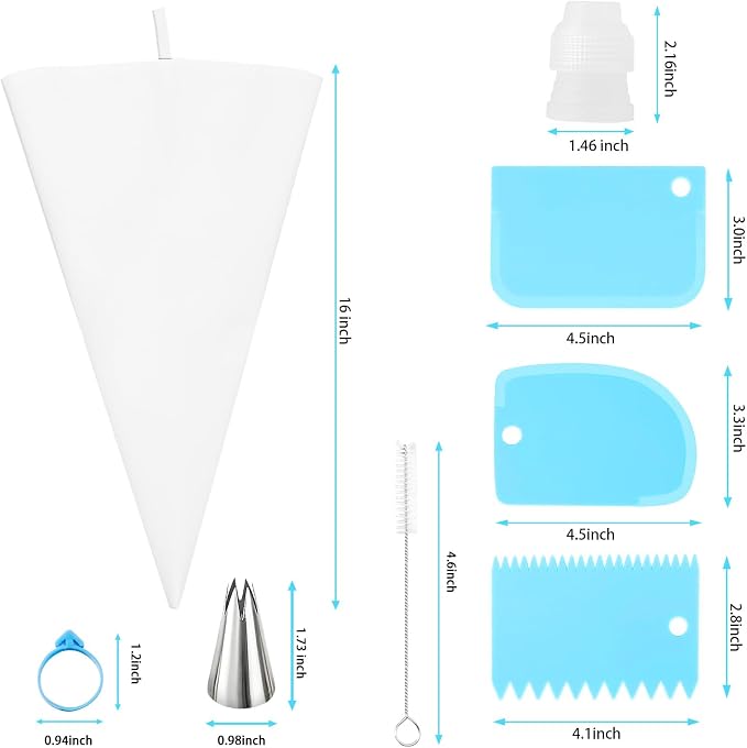 17 Piece Piping Bags and Tips Set, 2 Pack 16 Inch Reusable Cotton Pastry Bags with 7 Medium Icing Tips, 3 Scrapers, Couplers, Ties and Brush for Cakes, Cupcakes and Cookies