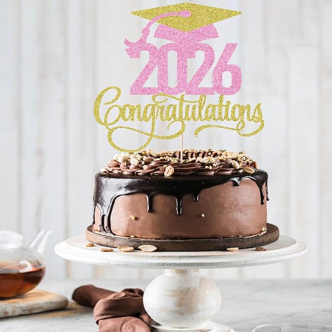 Golden pink 2026 Congratulations Graduation Cake Topper,Congrats Grad Cake Decor - 2026 High School/College/Senior Graduation Party Decorations Supplies