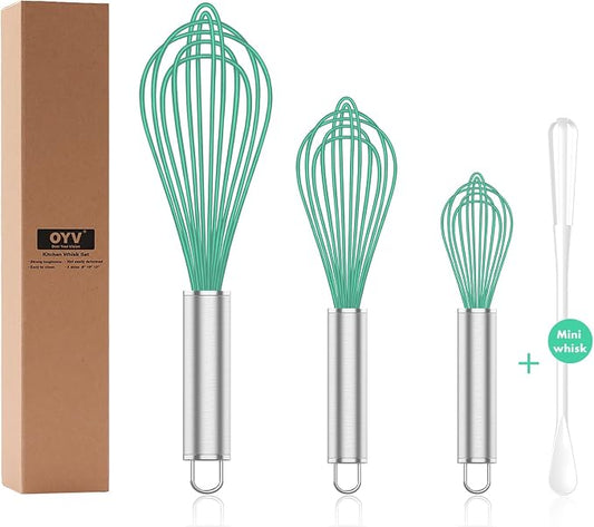 OYV Teal Silicone Whisk, Professional Silicone Whisks For Cooking Non Scratch, Stainless Steel & Silicone Wisk,Plastic Rubber Whisk Tool for Nonstick Cookware Pans, Silicon Wisks Set of 3, Aqua